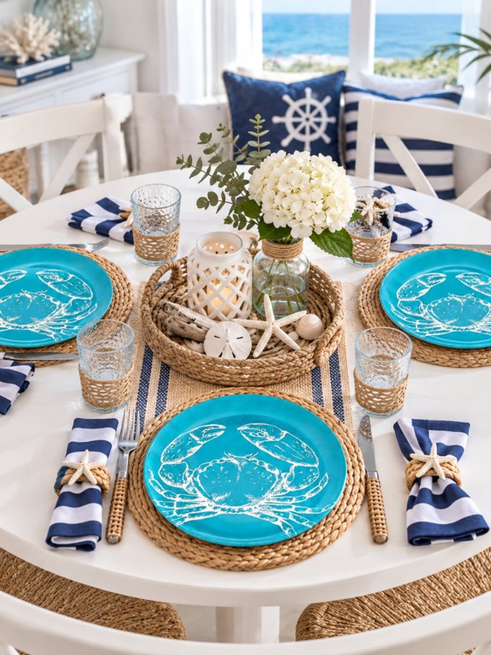 Ocean Blue Crab Melamine 10.5" Dinner Plates Beach Summer Cookout Set of 4